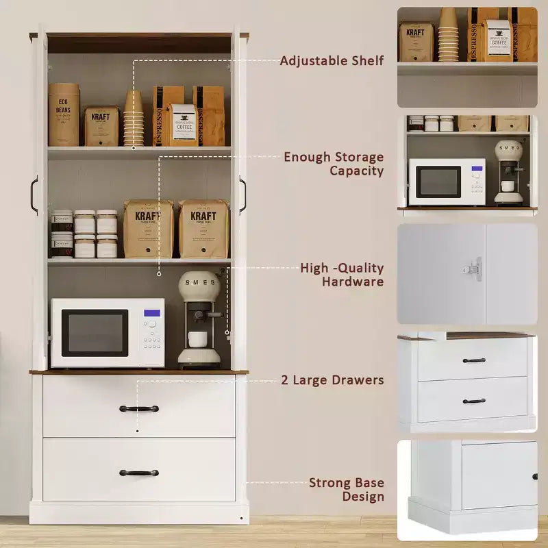 Armoire de rangement autoportante haute pour cuisine et salle à manger avec portes coulissantes, tiroir et 2 étagères réglables