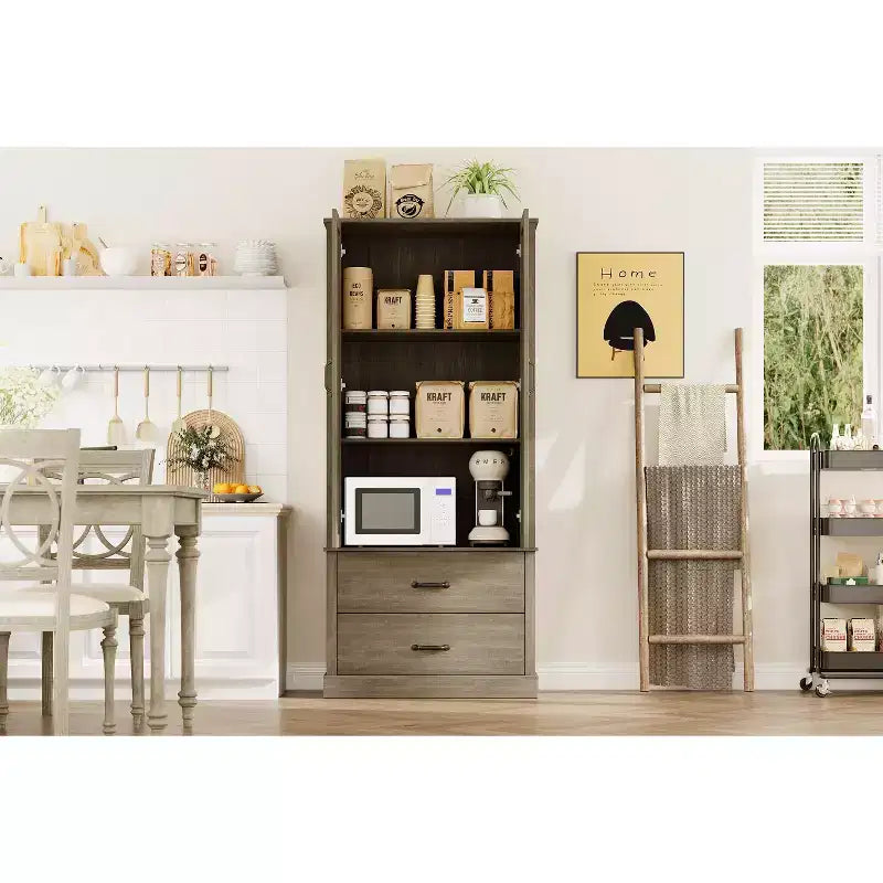 Armoire de rangement autoportante haute pour cuisine et salle à manger avec portes coulissantes, tiroir et 2 étagères réglables