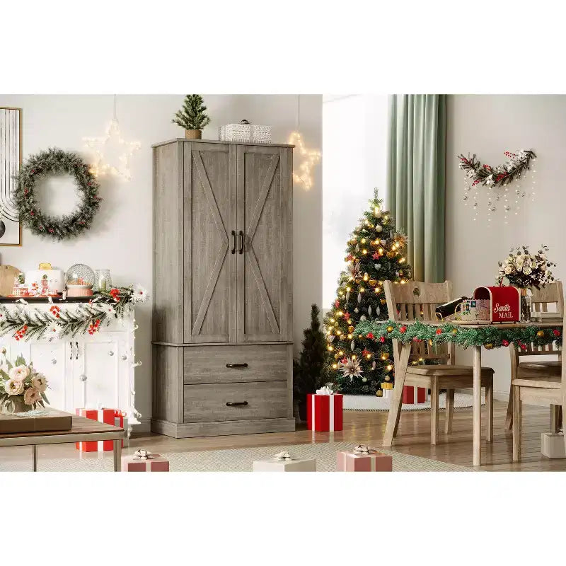 Armoire de rangement autoportante haute pour cuisine et salle à manger avec portes coulissantes, tiroir et 2 étagères réglables