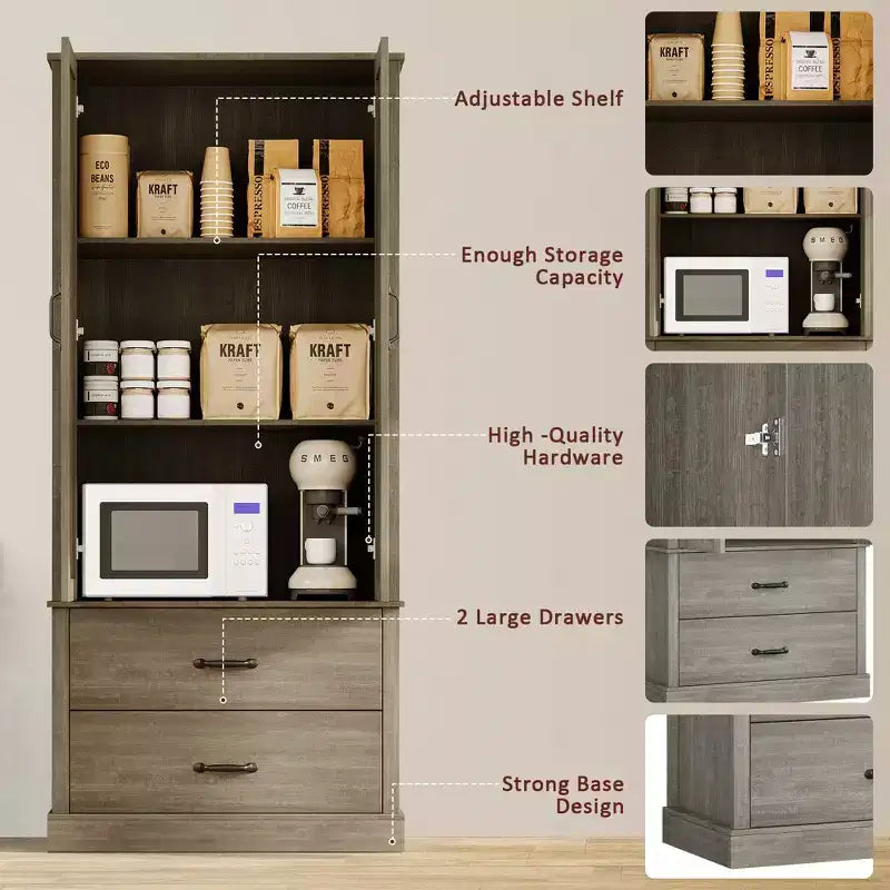 Armoire de rangement autoportante haute pour cuisine et salle à manger avec portes coulissantes, tiroir et 2 étagères réglables