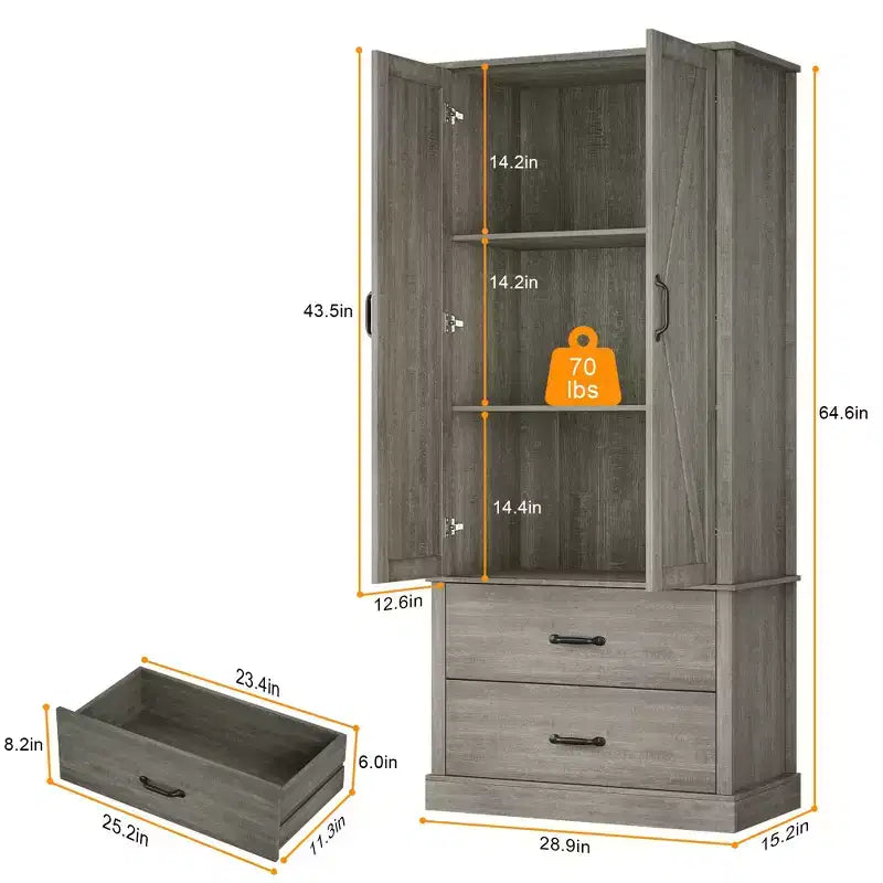 Armoire de rangement autoportante haute pour cuisine et salle à manger avec portes coulissantes, tiroir et 2 étagères réglables