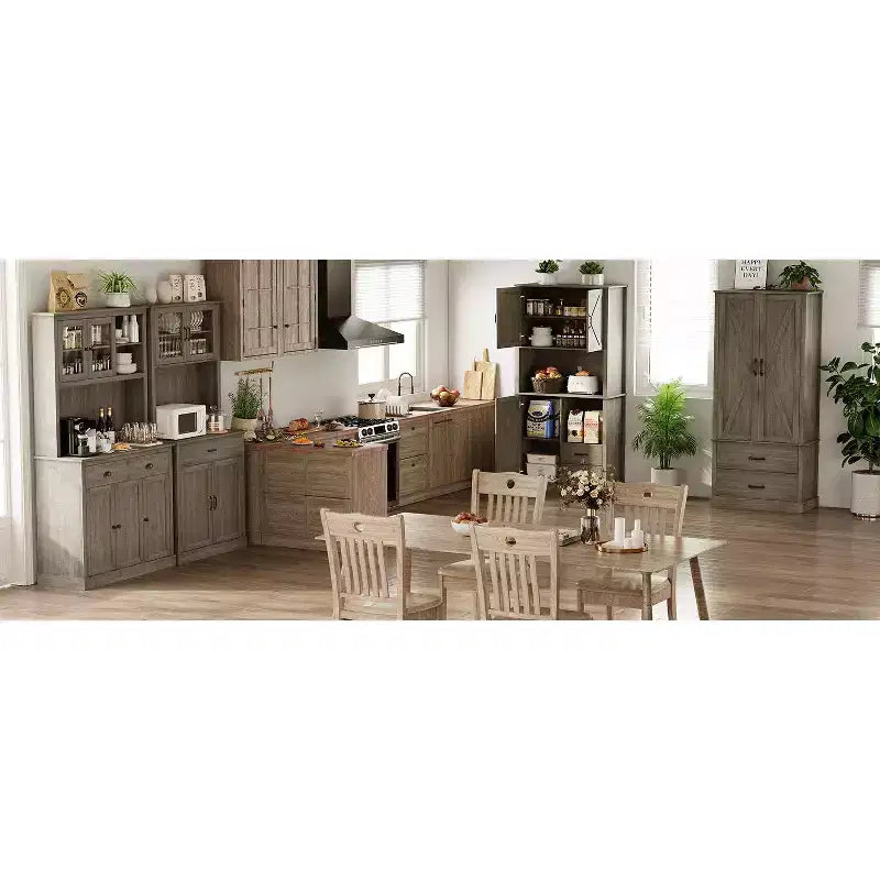 Armoire de rangement autoportante haute pour cuisine et salle à manger avec portes coulissantes, tiroir et 2 étagères réglables