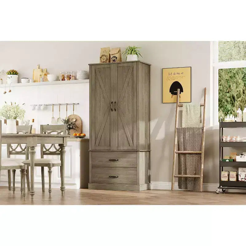 Barn Doors, Drawer, and 2 Adjustable Shelves, Kitchen Pantry Storage Cabinet Freestanding Tall Hutch for Kitchen, Dining Room