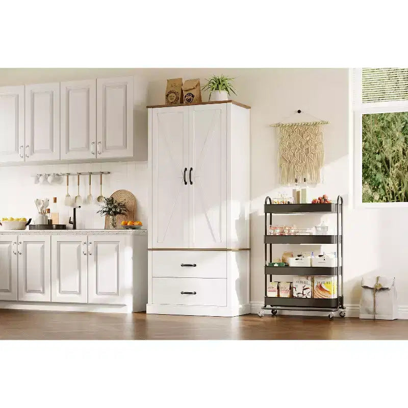 Armoire de rangement autoportante haute pour cuisine et salle à manger avec portes coulissantes, tiroir et 2 étagères réglables