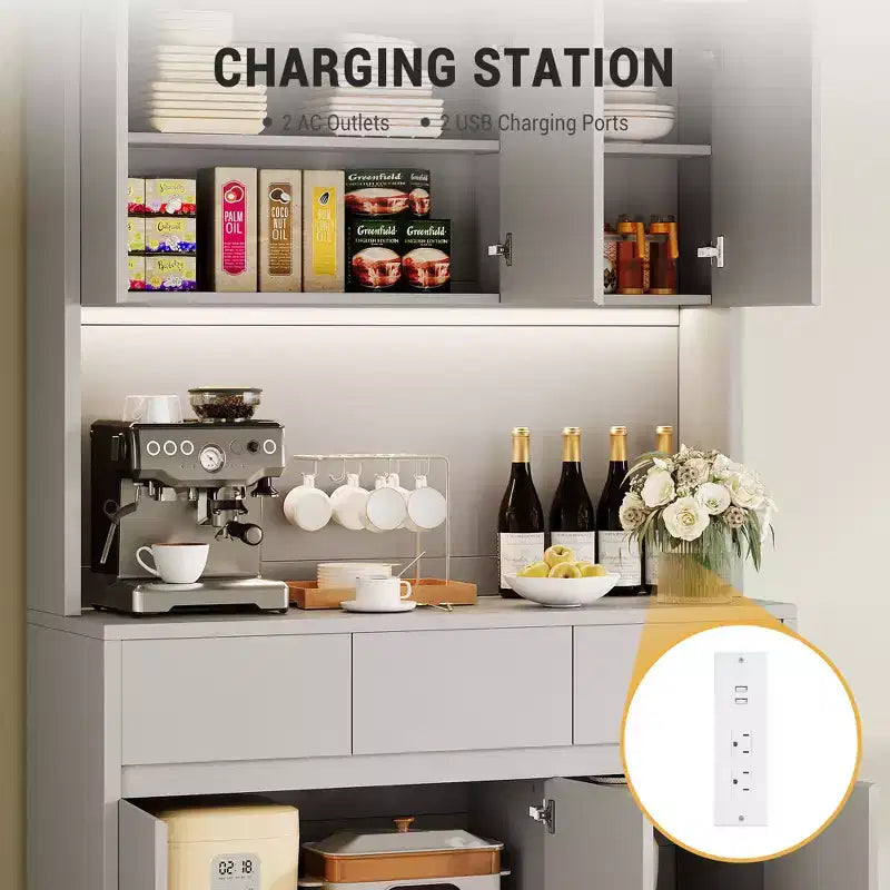 Lumières LED, Prises de courant, Armoire de cuisine moderne, Étagères réglables,