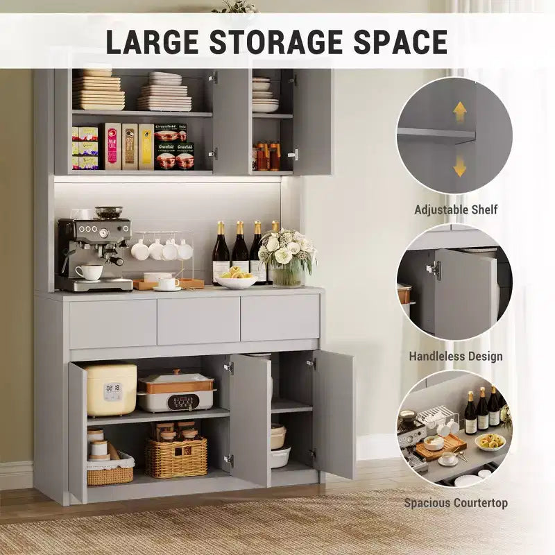 Lumières LED, Prises de courant, Armoire de cuisine moderne, Étagères réglables,