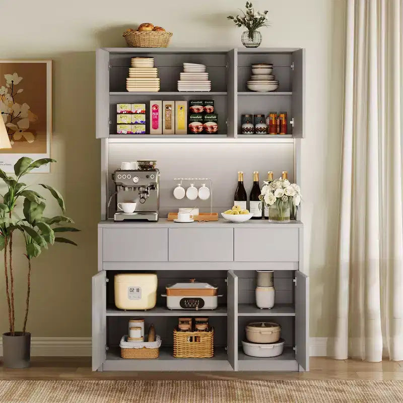 Lumières LED, Prises de courant, Armoire de cuisine moderne, Étagères réglables,