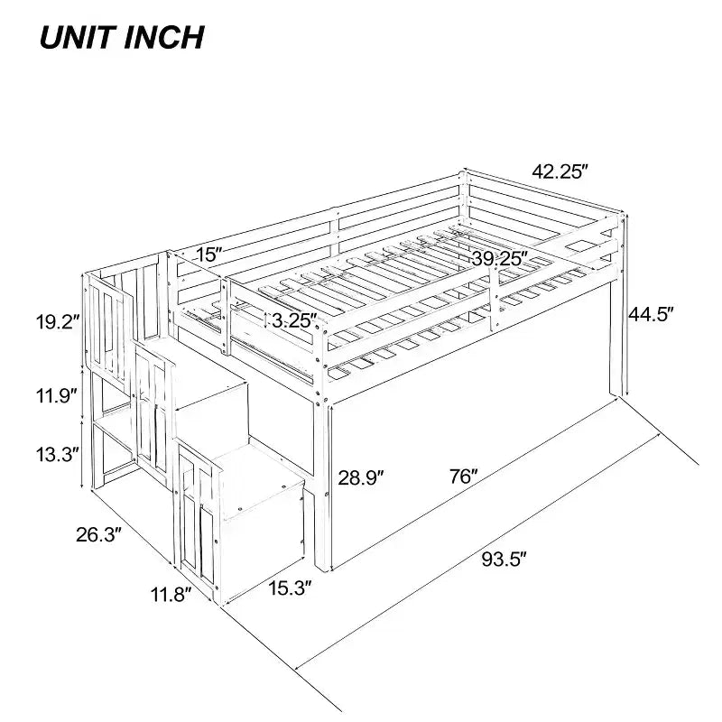 Lit mezzanine double, cadre de lit mezzanine double en pin avec escalier, espace de rangement, toboggan, barrières de sécurité sur toute la longueur pour chambre à coucher