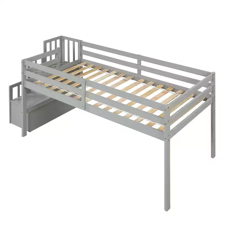 Lit mezzanine double, cadre de lit mezzanine double en pin avec escalier, espace de rangement, toboggan, barrières de sécurité sur toute la longueur pour chambre à coucher