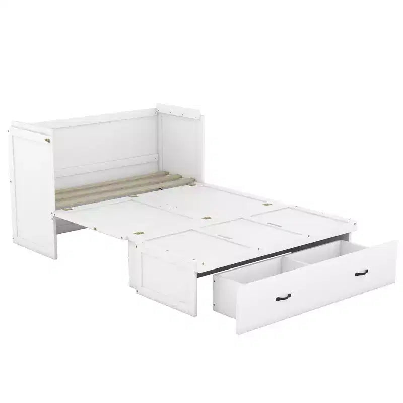 Lit escamotable armoire double, Lit escamotable mobile en bois avec ports USB et tiroirs de rangement, Blanc