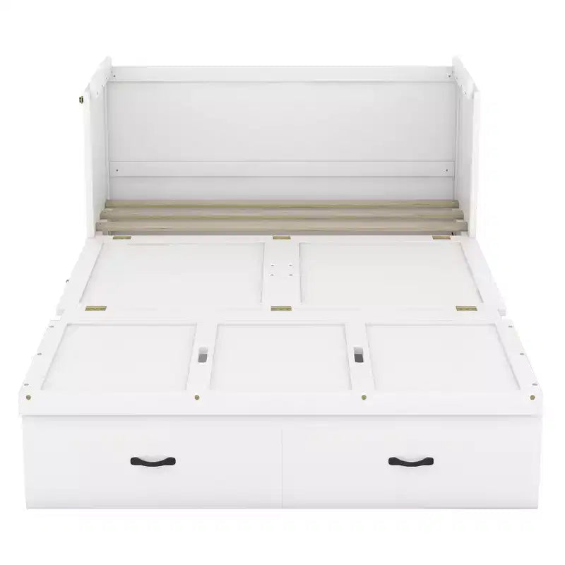 Lit escamotable armoire double, Lit escamotable mobile en bois avec ports USB et tiroirs de rangement, Blanc