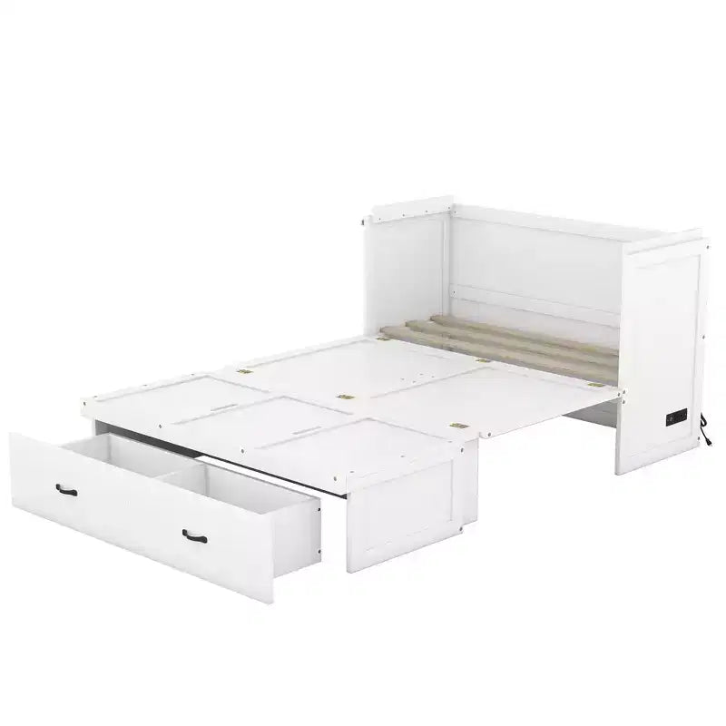 Lit escamotable armoire double, Lit escamotable mobile en bois avec ports USB et tiroirs de rangement, Blanc
