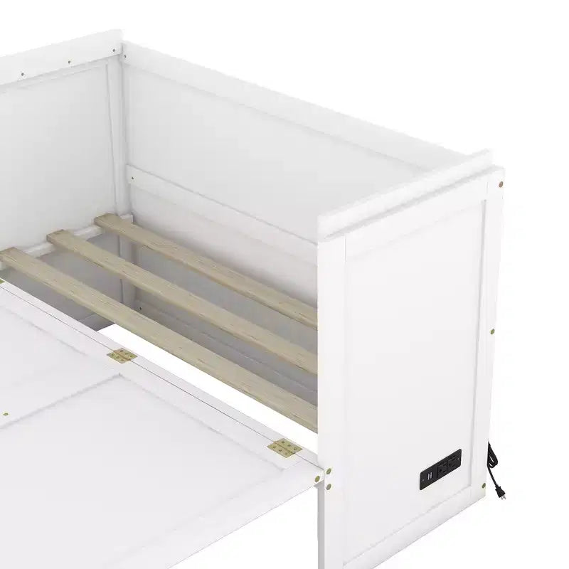 Lit escamotable armoire double, Lit escamotable mobile en bois avec ports USB et tiroirs de rangement, Blanc