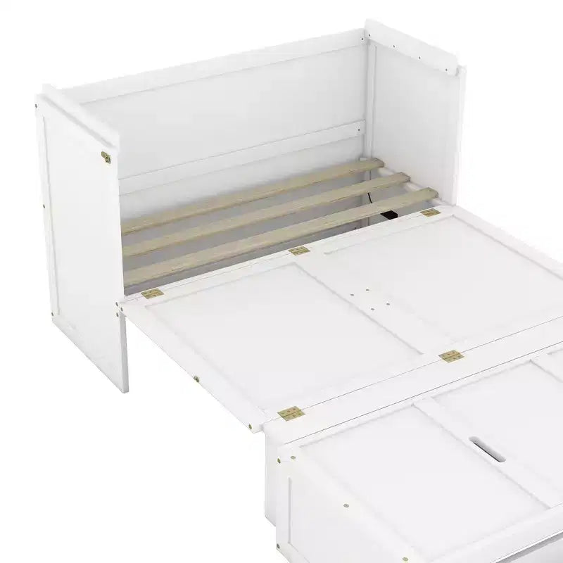 Lit escamotable armoire double, Lit escamotable mobile en bois avec ports USB et tiroirs de rangement, Blanc