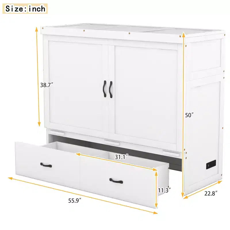 Lit escamotable armoire double, Lit escamotable mobile en bois avec ports USB et tiroirs de rangement, Blanc