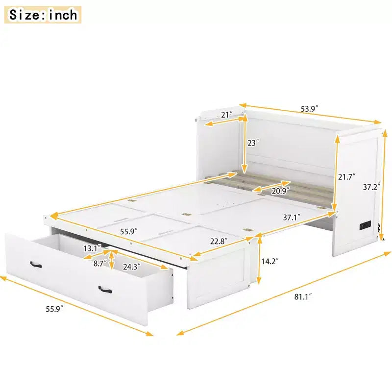 Lit escamotable armoire double, Lit escamotable mobile en bois avec ports USB et tiroirs de rangement, Blanc