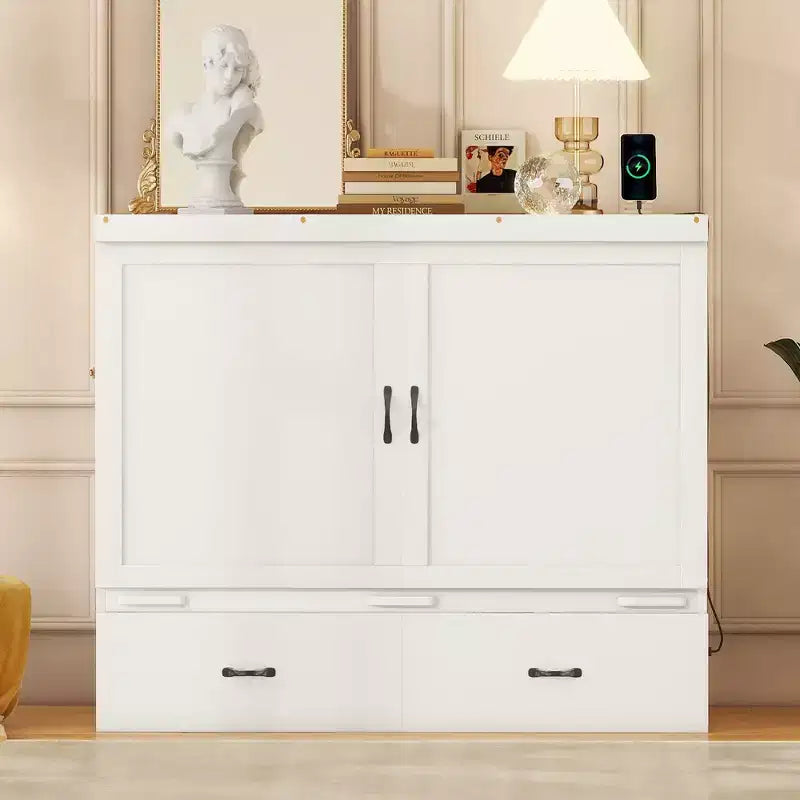 Lit escamotable armoire double, Lit escamotable mobile en bois avec ports USB et tiroirs de rangement, Blanc