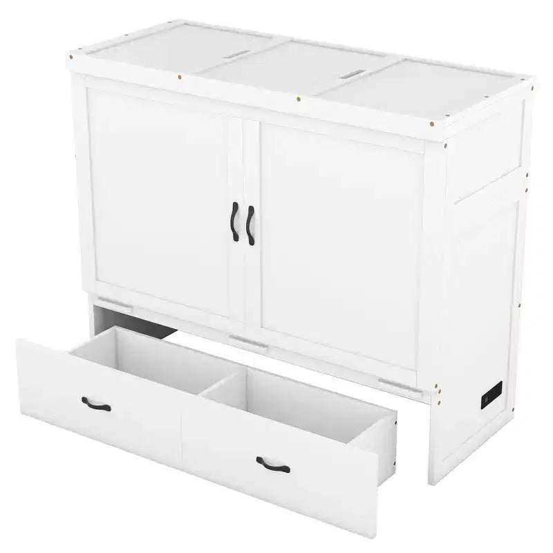 Lit escamotable armoire double, Lit escamotable mobile en bois avec ports USB et tiroirs de rangement, Blanc