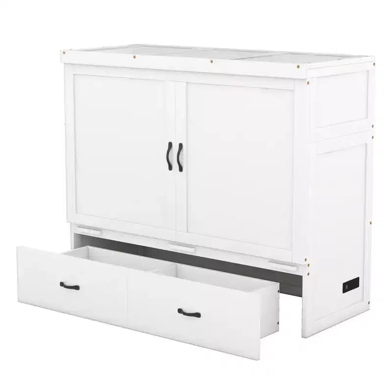 Lit escamotable armoire double, Lit escamotable mobile en bois avec ports USB et tiroirs de rangement, Blanc