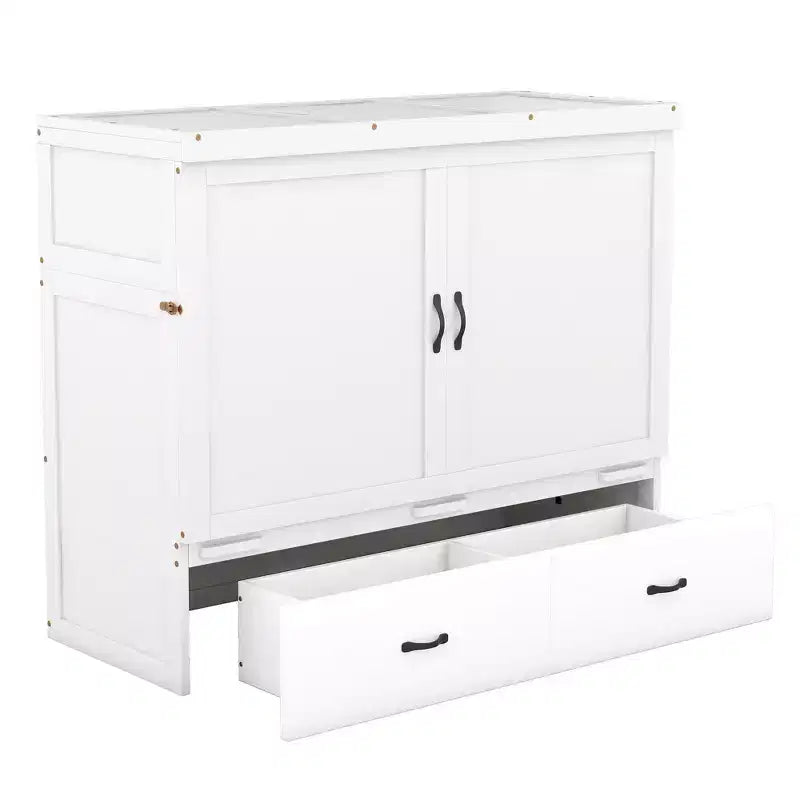 Lit escamotable armoire double, Lit escamotable mobile en bois avec ports USB et tiroirs de rangement, Blanc