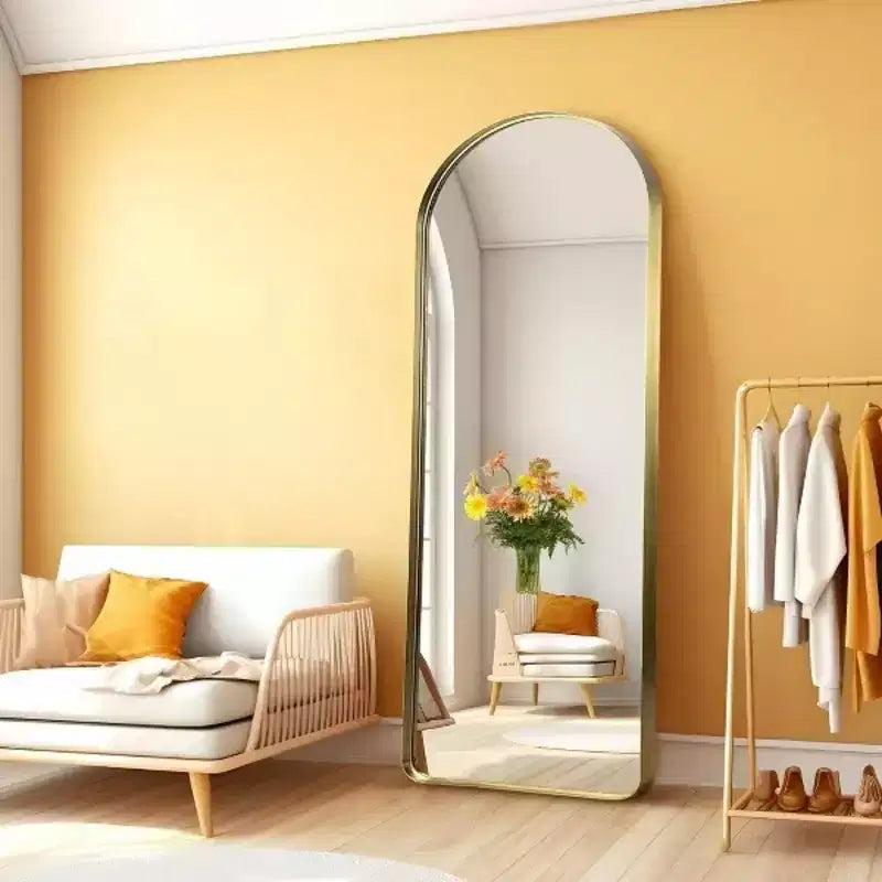 Miroir intégral en alliage d'aluminium doré de 31,5 x 70,87 pouces en forme d'arche arrondie sans support pour la décoration murale du salon et de la chambre