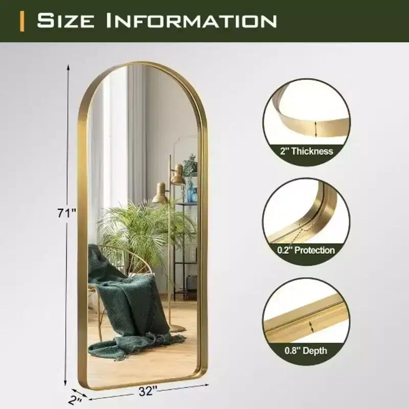 Miroir intégral en alliage d'aluminium doré de 31,5 x 70,87 pouces en forme d'arche arrondie sans support pour la décoration murale du salon et de la chambre