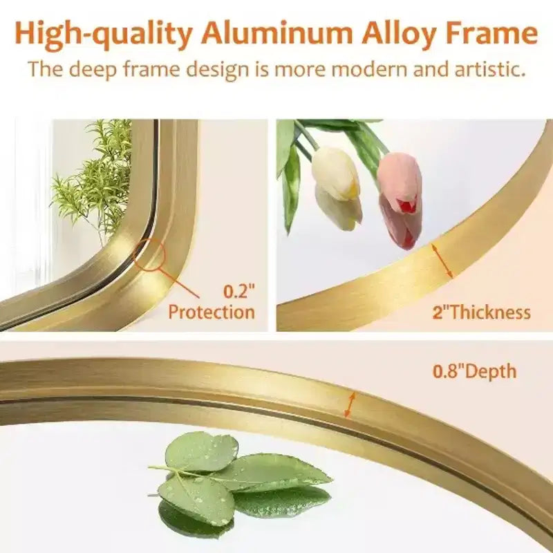 Miroir intégral en alliage d'aluminium doré de 31,5 x 70,87 pouces en forme d'arche arrondie sans support pour la décoration murale du salon et de la chambre