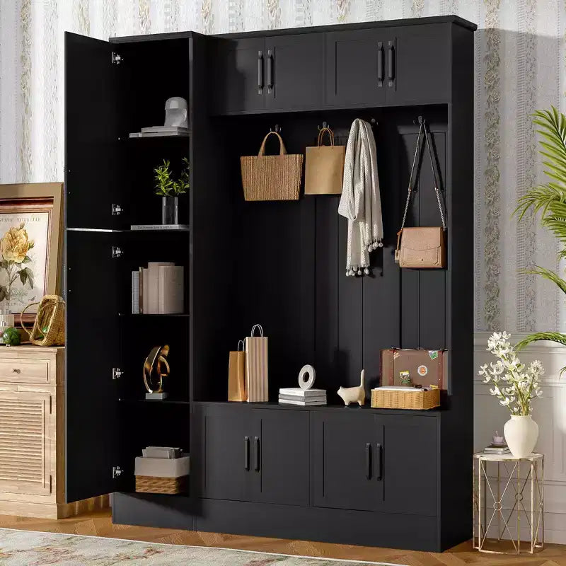 Porte-manteau moderne 79IN avec 6 placards et 4 crochets, porte-manteau avec banc de rangement à chaussures et étagère réglable pour couloir, salon, noir