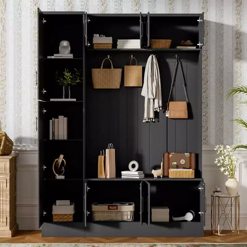 Porte-manteau moderne 79IN avec 6 placards et 4 crochets, porte-manteau avec banc de rangement à chaussures et étagère réglable pour couloir, salon, noir