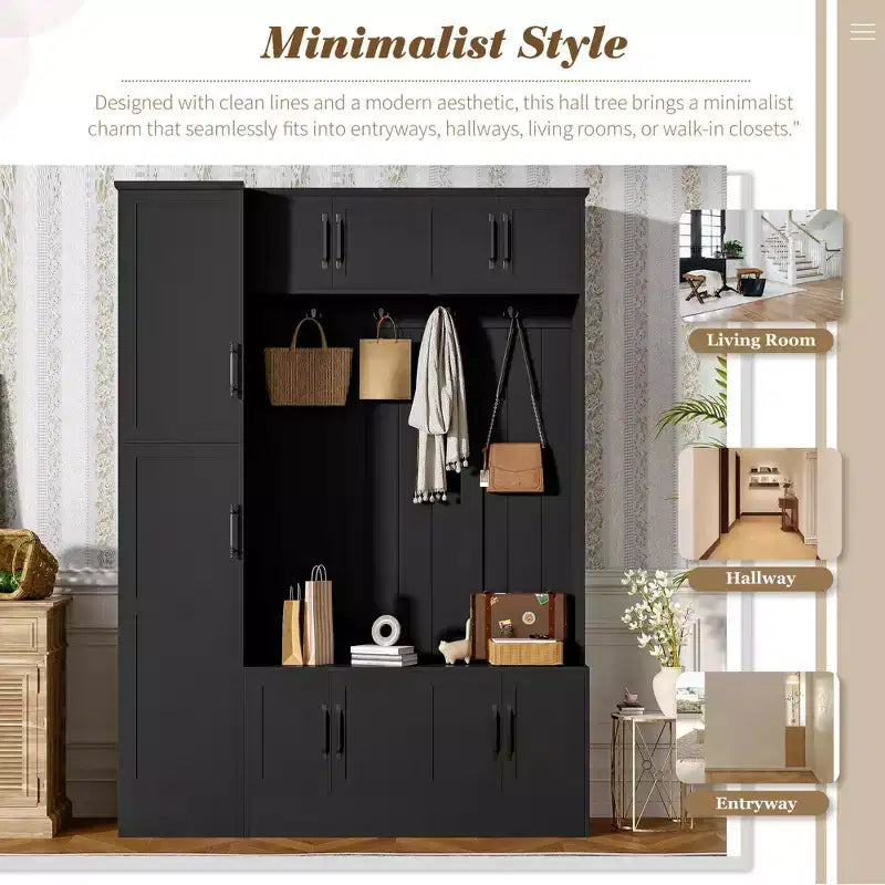 Porte-manteau moderne 79IN avec 6 placards et 4 crochets, porte-manteau avec banc de rangement à chaussures et étagère réglable pour couloir, salon, noir