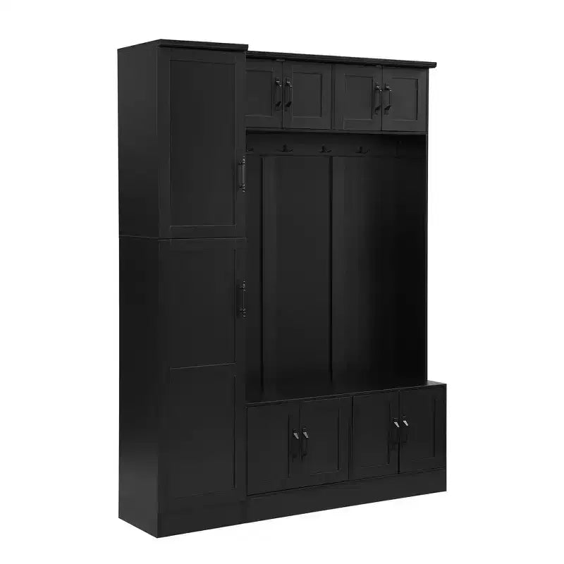 Porte-manteau moderne 79IN avec 6 placards et 4 crochets, porte-manteau avec banc de rangement à chaussures et étagère réglable pour couloir, salon, noir