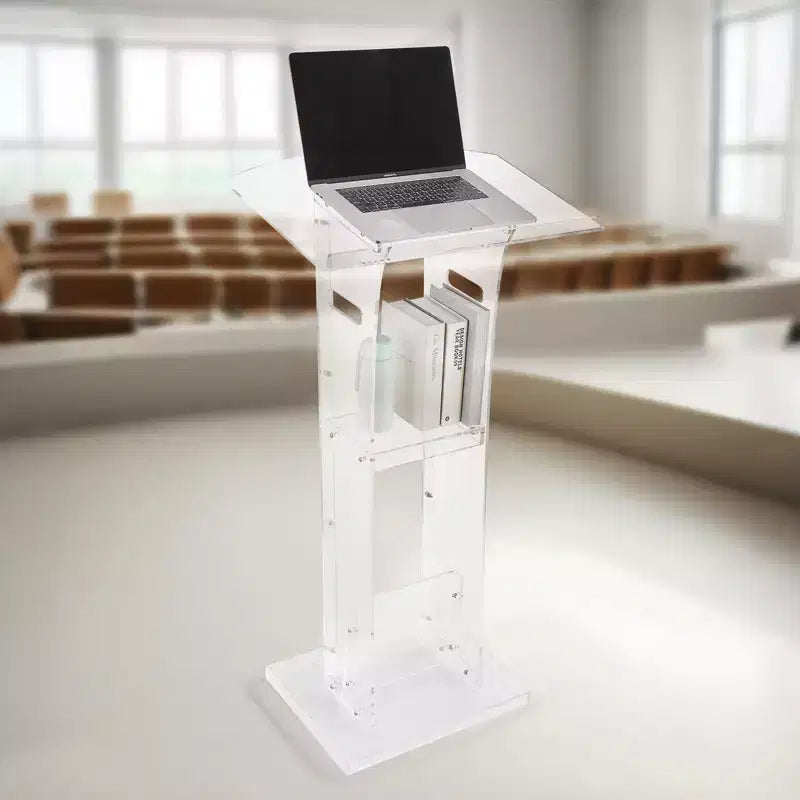 Pupitre, lutrin en acrylique de 109 cm, bureau portable pour ordinateur portable avec large surface de lecture et étagère de rangement, butoir de livres, transparent