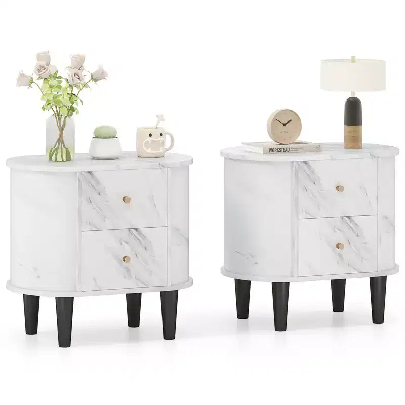 Costway 2PCS Nightstand w/ 2 Drawers Faux Marble Bedside Table for Small Space