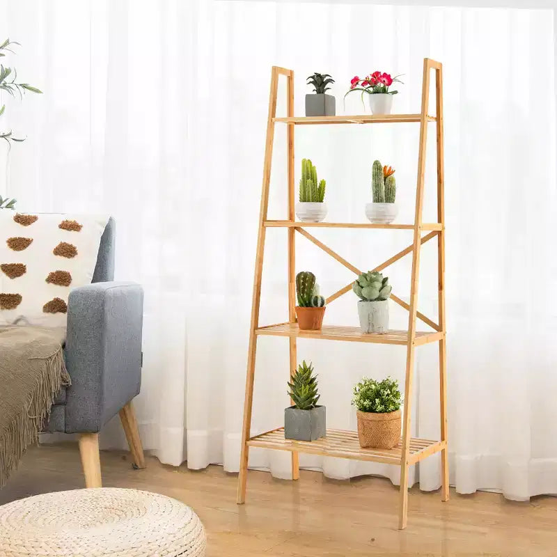 Étagère à livres en bambou à 4 niveaux, lot de 2, support de rangement et présentoir pour plantes de 147 cm