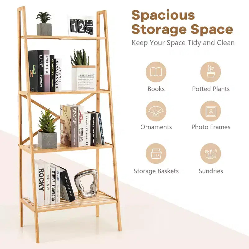 Étagère à livres en bambou à 4 niveaux, lot de 2, support de rangement et présentoir pour plantes de 147 cm