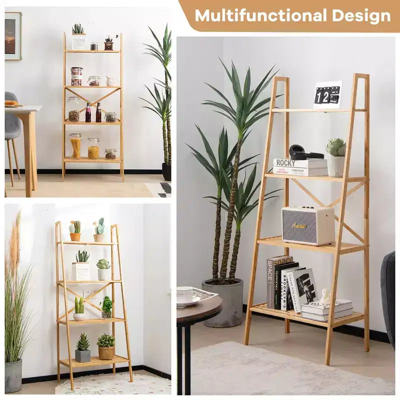Étagère à livres en bambou à 4 niveaux, lot de 2, support de rangement et présentoir pour plantes de 147 cm
