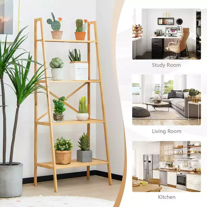 Étagère à livres en bambou à 4 niveaux, lot de 2, support de rangement et présentoir pour plantes de 147 cm