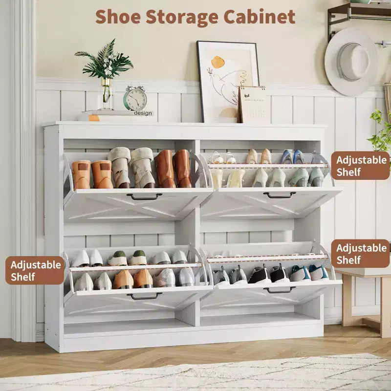 Meuble à chaussures avec 4 tiroirs basculants, armoire de rangement de chaussures large et discrète, simple et élégante, meuble à chaussures autoportant en bois.