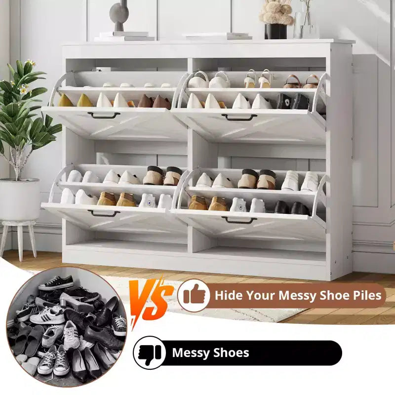 Meuble à chaussures avec 4 tiroirs basculants, armoire de rangement de chaussures large et discrète, simple et élégante, meuble à chaussures autoportant en bois.