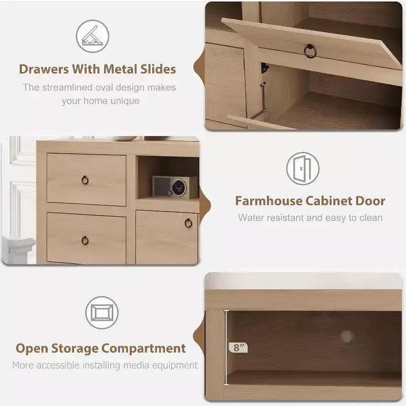 Meuble TV pour téléviseurs de 80 pouces, long meuble de rangement avec 6 tiroirs et étagère pour barre de son, meubles console marron pour salon et chambre