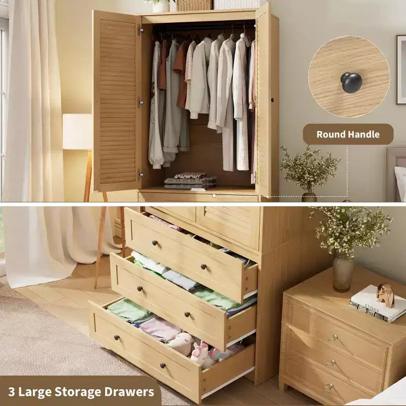 Armoire en bois avec tringle et tiroirs, meuble de rangement à double porte pour chambre à coucher