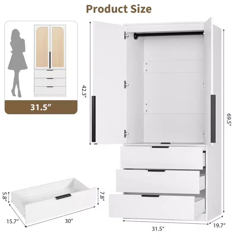 Armoire en bois avec tringle et tiroirs, meuble de rangement à double porte pour chambre à coucher