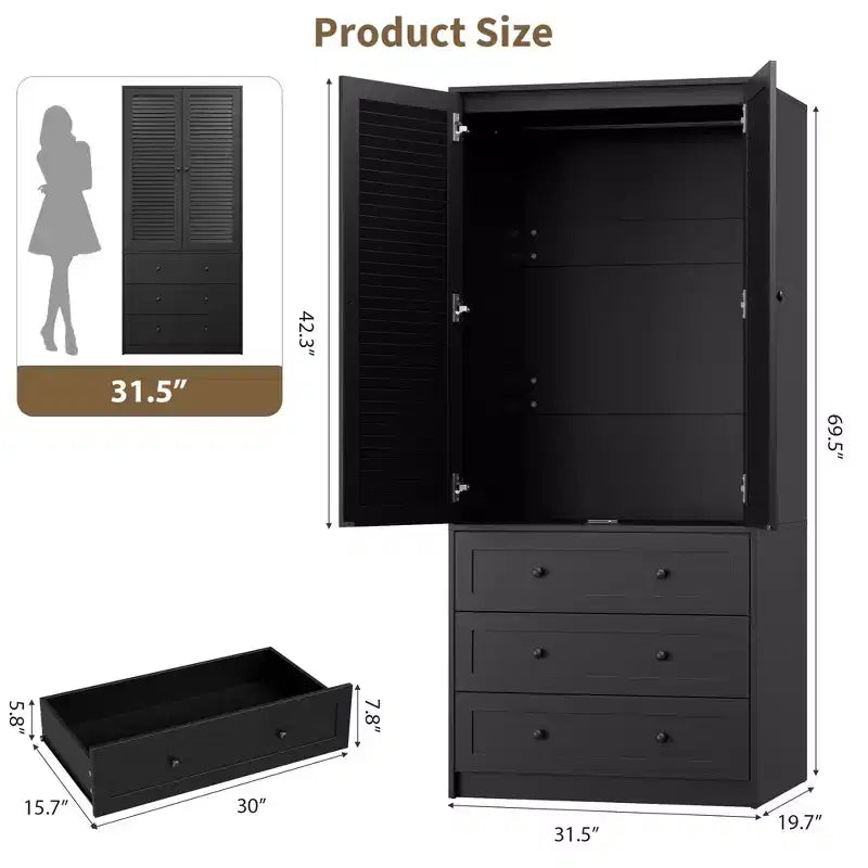Armoire en bois avec tringle et tiroirs, meuble de rangement à double porte pour chambre à coucher