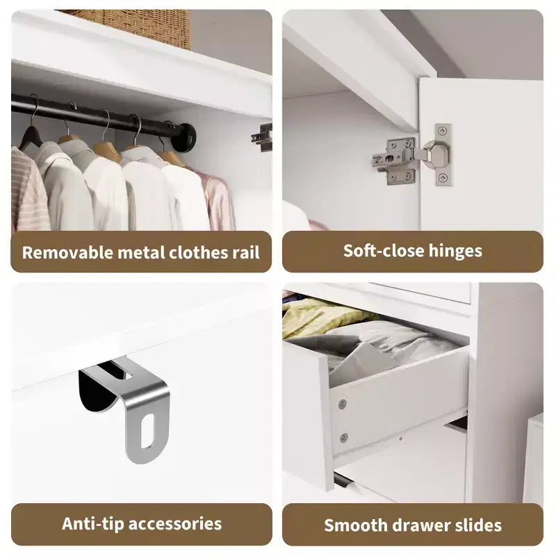 Armoire en bois avec tringle et tiroirs, meuble de rangement à double porte pour chambre à coucher