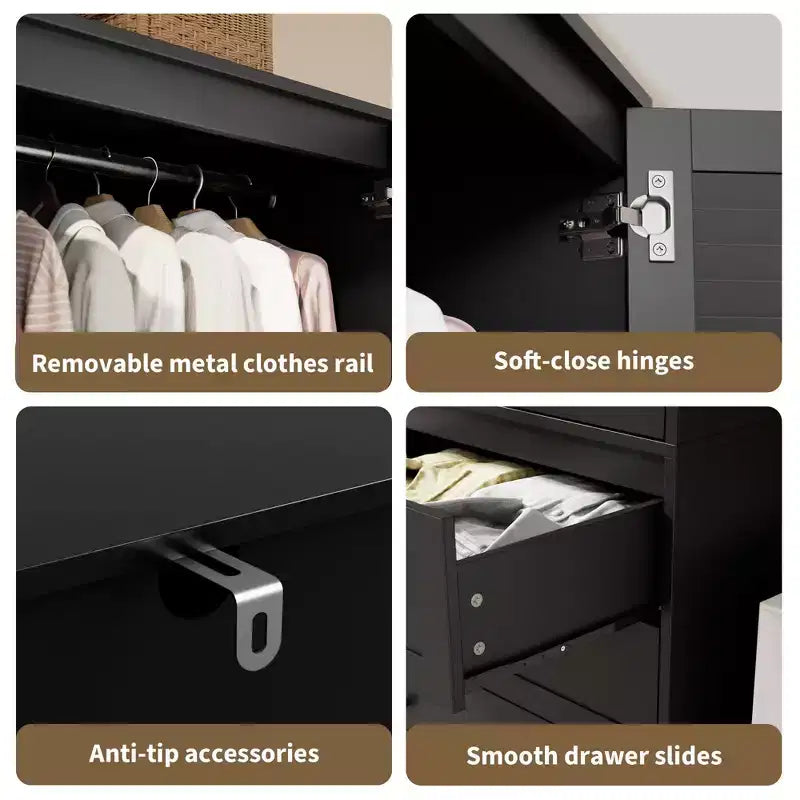 Armoire en bois avec tringle et tiroirs, meuble de rangement à double porte pour chambre à coucher