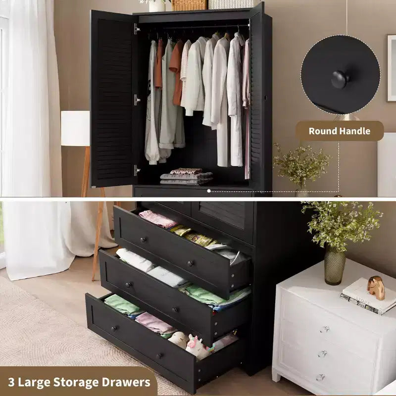 Armoire en bois avec tringle et tiroirs, meuble de rangement à double porte pour chambre à coucher