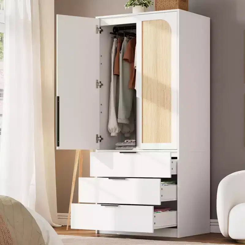 Armoire en bois avec tringle et tiroirs, meuble de rangement à double porte pour chambre à coucher