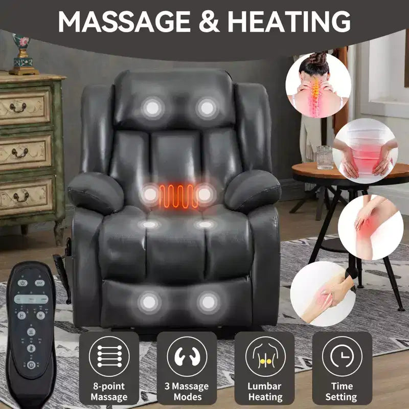 Fauteuil inclinable électrique gris en similicuir avec massage vibratoire 8 points et chauffage lombaire pour salon d'appartement