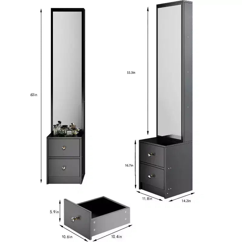 Armoire miroir pleine longueur avec rangement, armoire miroir sur pied de 160 cm avec 2 tiroirs, coiffeuse organisatrice de maquillage pour chambre et salle de bain