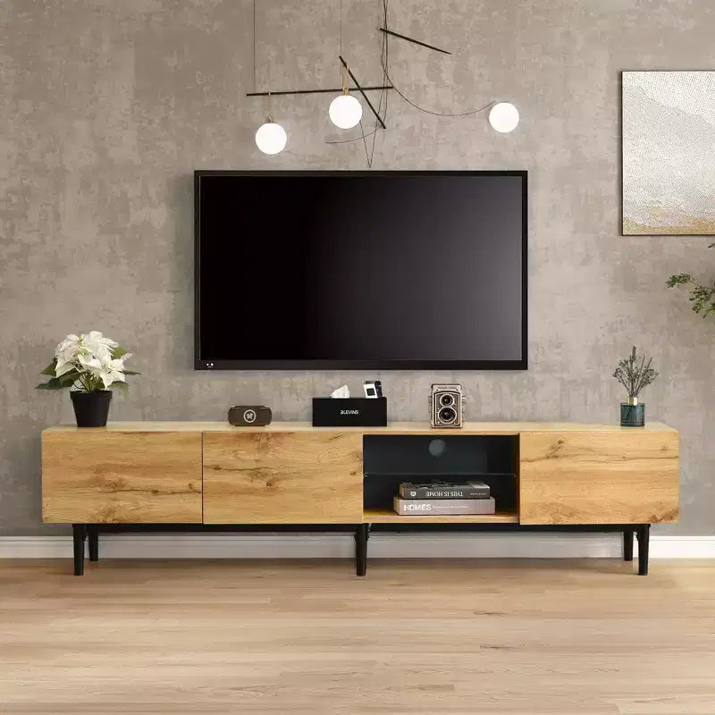 Clihome Modern TV Stand with 4 Cabinets& Open Shelves, Color-matching Media Console Table for TVs up to 80'' with LED Light